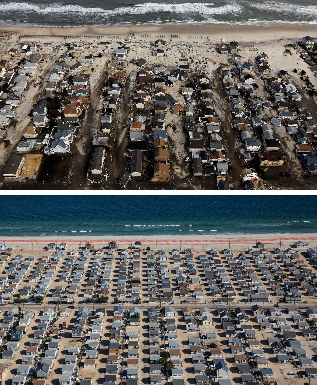 [Top] Homes are shown surrounded by sand and debris in Seaside Heights, New Jersey October 31, 2012. [Bottom] Homes are shown in Seaside Heights, New Jersey are shown October 21, 2013.